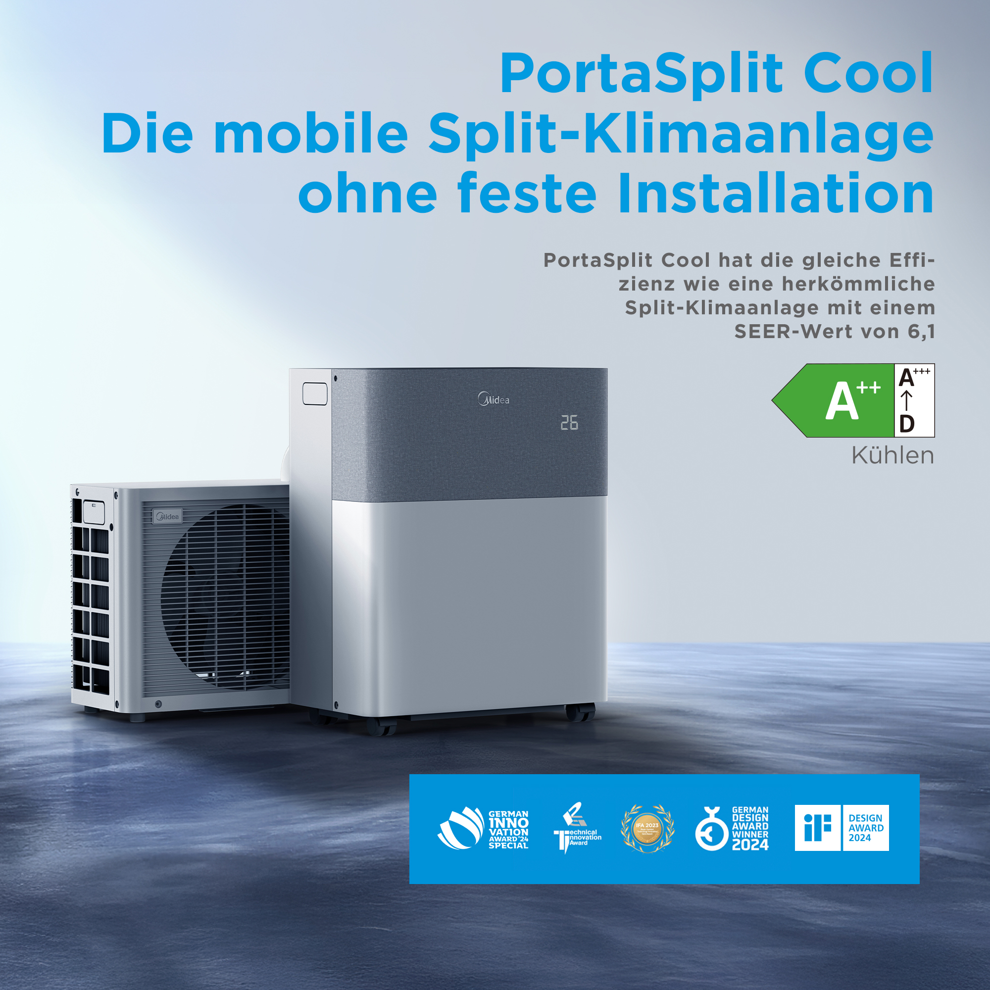 Midea PortaSplit Cool Außengerät am Fenster