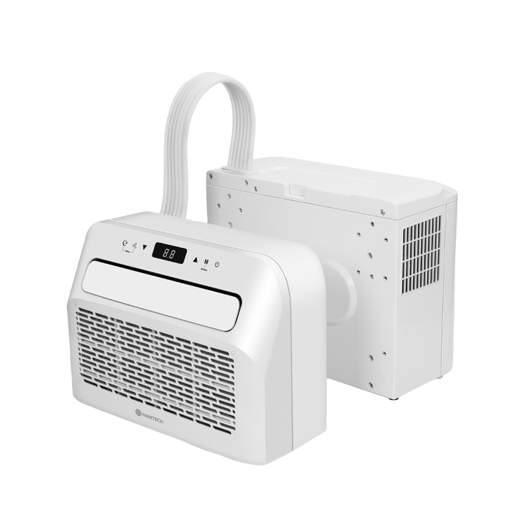 Hantech mobile Split-Klimaanlage HNT-YFG05C-3W-S, Innenteil vorne, Au&szlig;enteil mit Fensterhalterung