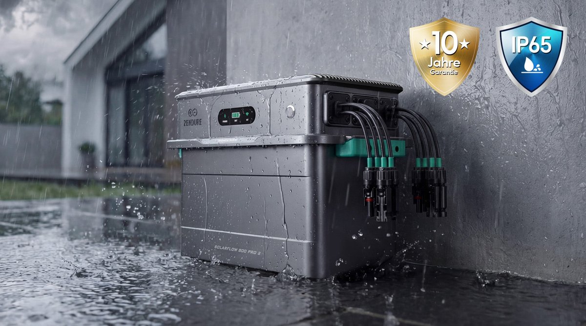 Zendure SolarFlow 800 Pro 2 im Regen, Schutzart IP65 und 10 Jahre Garantie