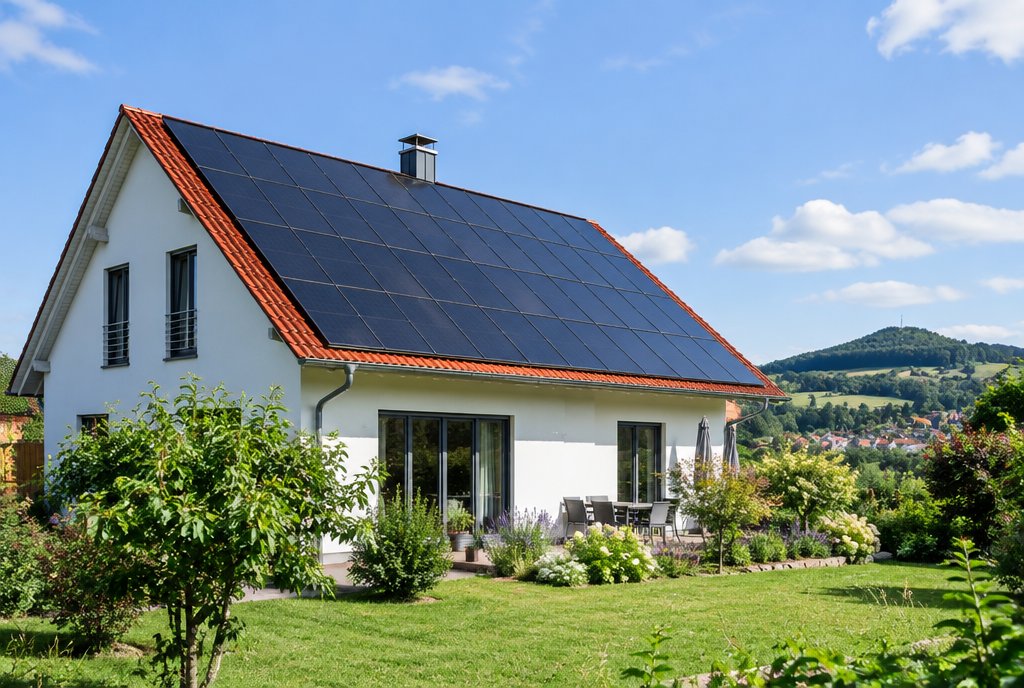Photovoltaikanlage auf einem Hausdach, Symbolbild zur Einspeisevergütung 2027
