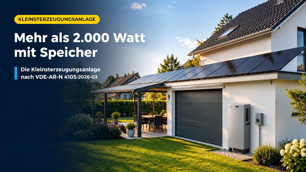 Kleinsterzeugungsanlage mit mehr als 2000 Watt Modulen auf Garage und Pergola und Speicher an der Hauswand