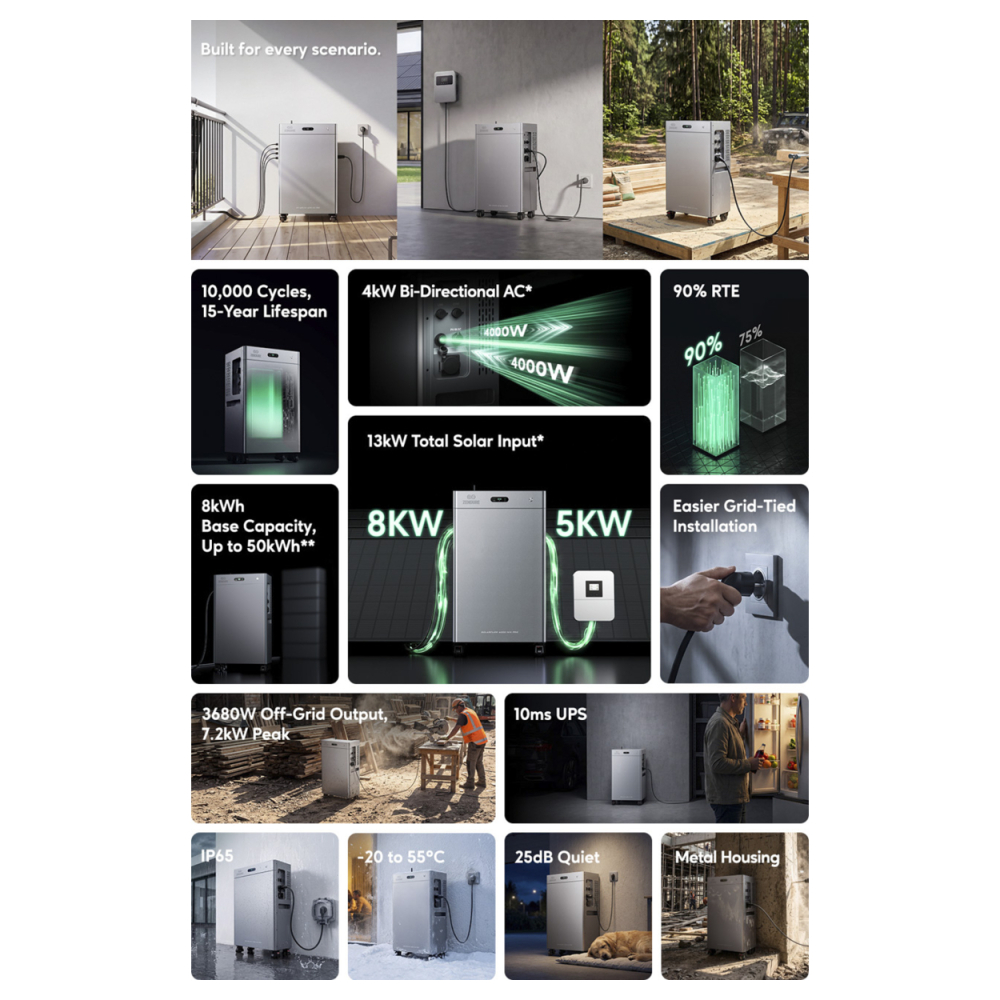 Funktionsübersicht Zendure SolarFlow 4000 Mix Pro: 8 kWh, 4 kW AC, 13 kW Solar, IP65, 90 Prozent Wirkungsgrad