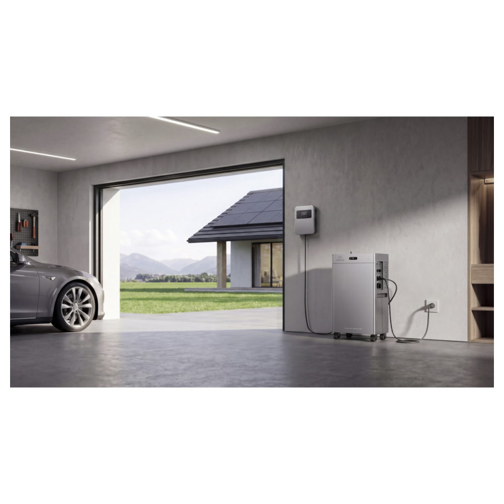 Zendure SolarFlow 4000 Mix Pro in einer Garage neben Wallbox und Einfamilienhaus mit PV-Anlage