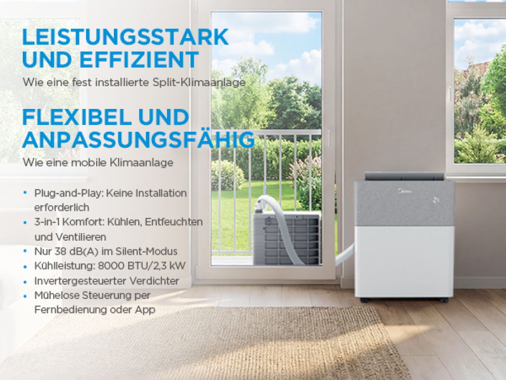 MIDEA® PortaSplit Cool 2,35 kW Mobile Split Klimaanlage – Kühlen ohne feste Installation