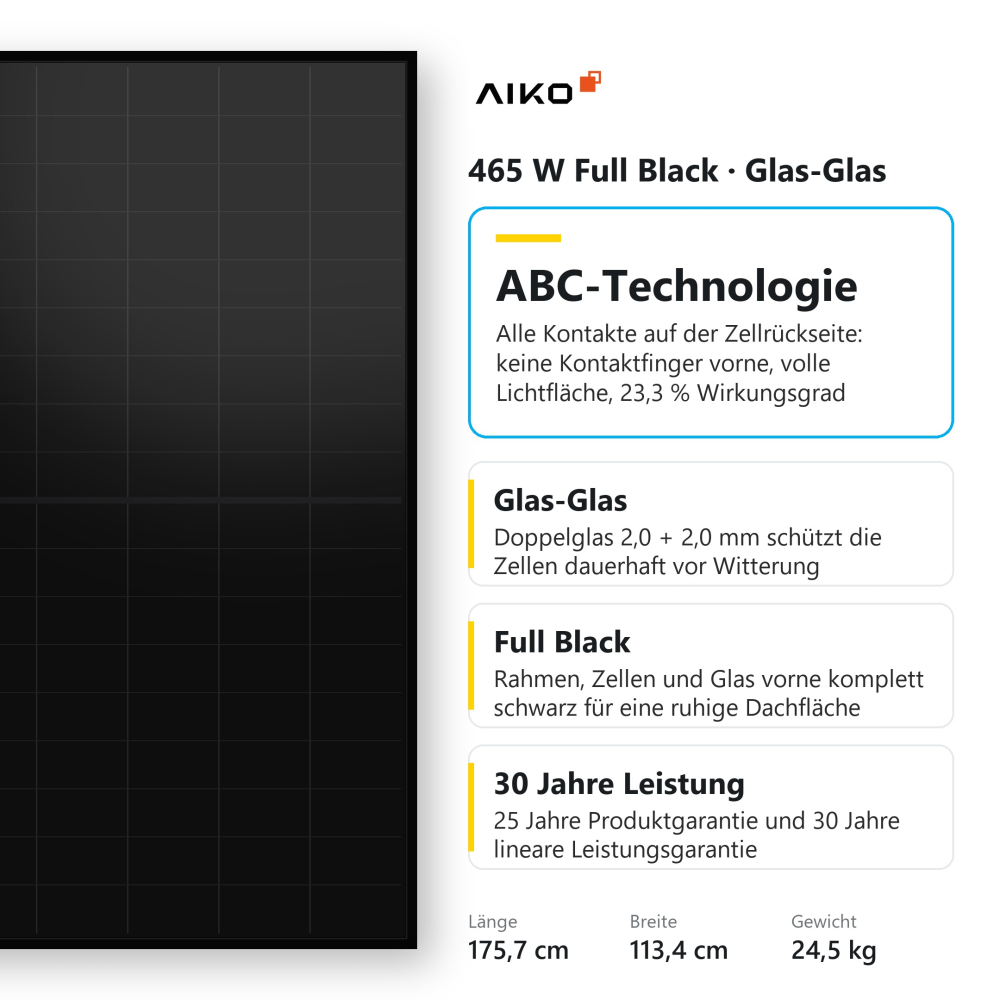 Preview: Aiko 465 W Glas-Glas All Black Solarmodul, Palette 37 Stück, technische Daten