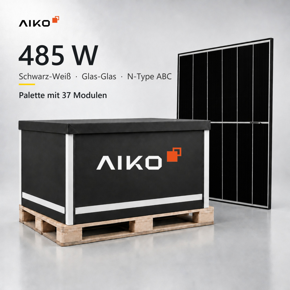 Aiko 485 W Glas-Glas Schwarz-Weiss bifazial Solarmodul Palette 37 Stück
