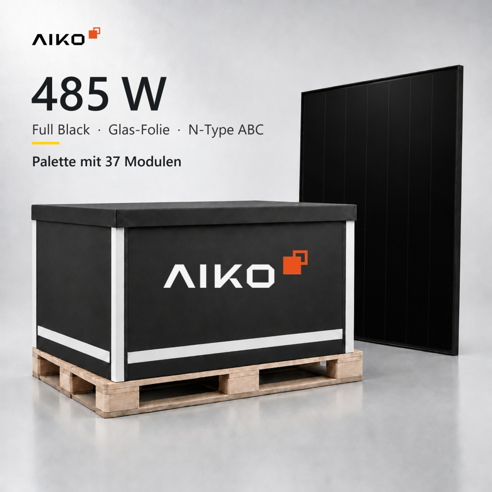 Aiko 485 W Komplett Schwarz Glas-Folie Solarmodul Palette 37 Stück