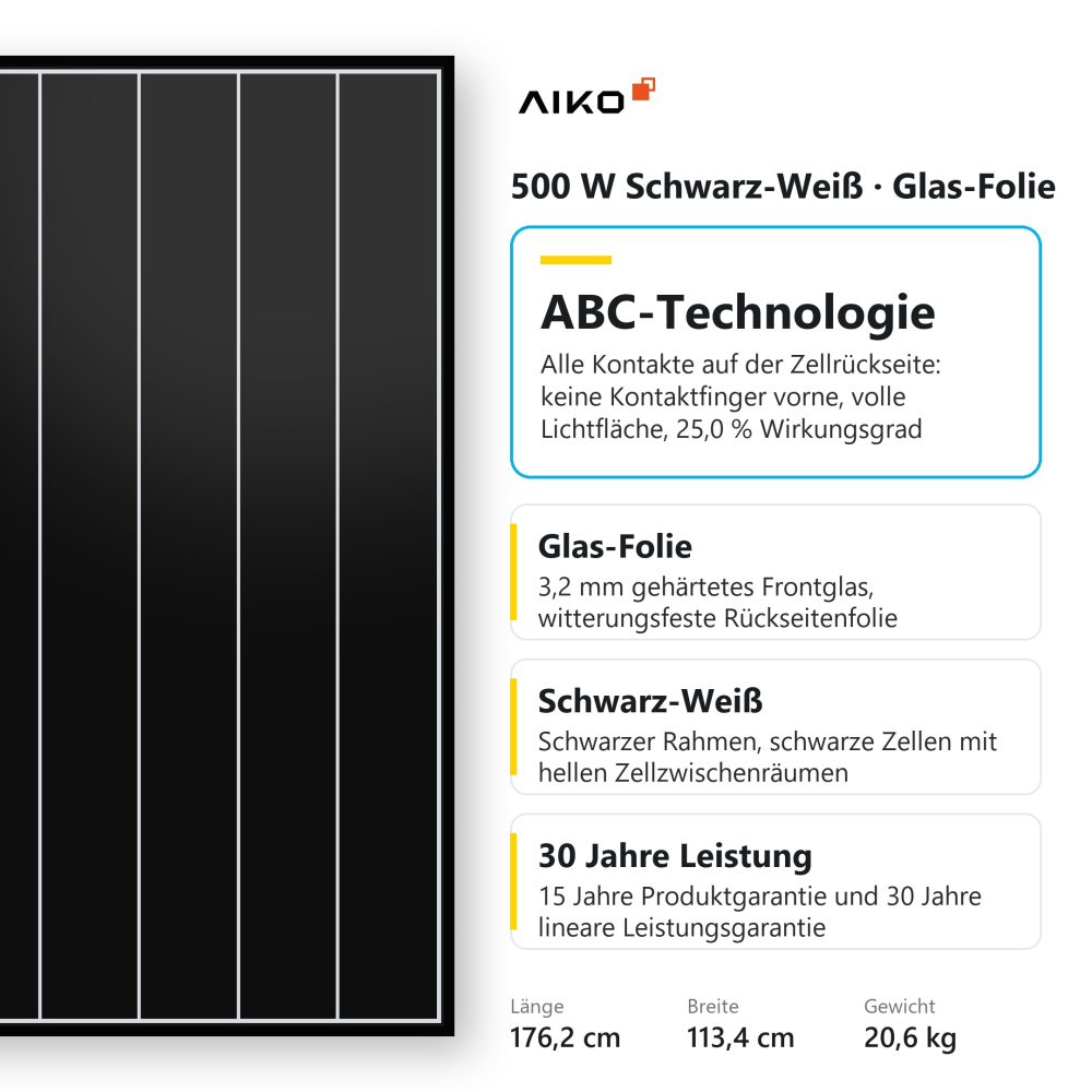 Preview: Aiko 500 W Glas-Folie Schwarz-Weiß Solarmodul, Palette 37 Stück, technische Daten