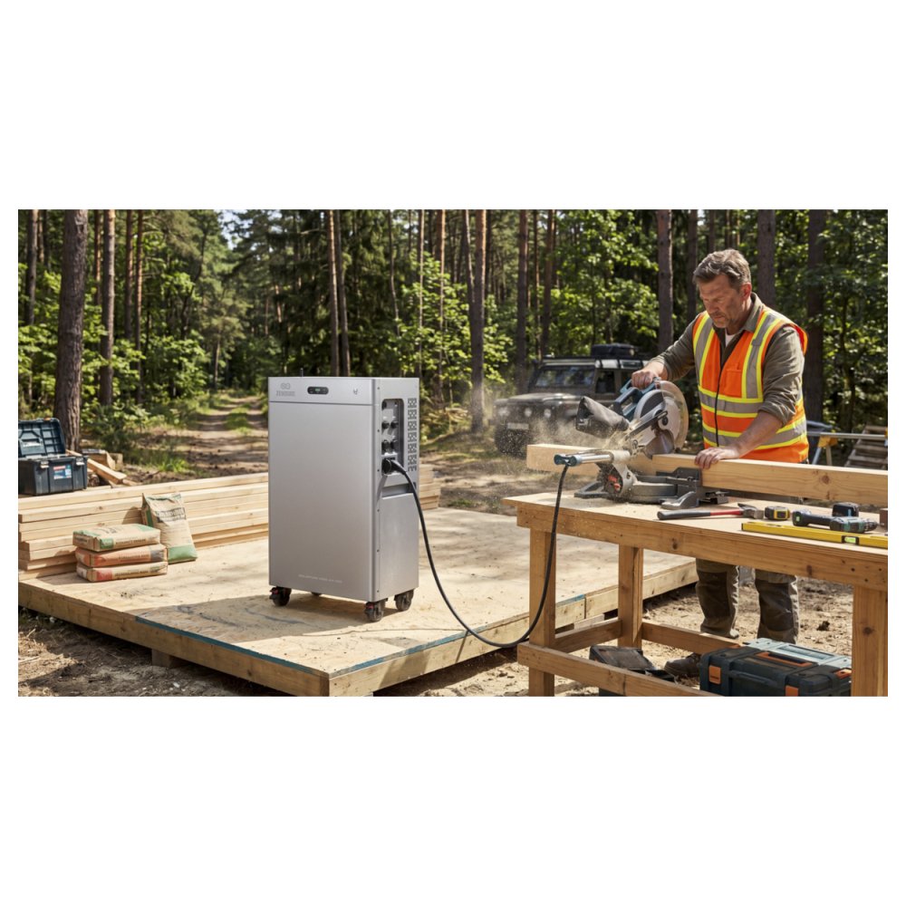Zendure SolarFlow 4000 Mix Pro versorgt eine Kappssäge auf einer Baustelle im Wald