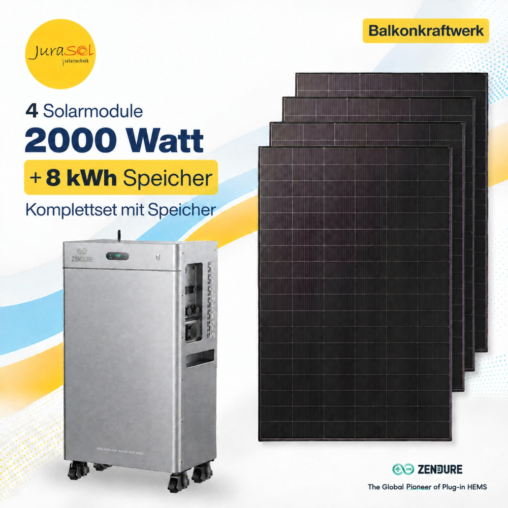 Zendure SolarFlow 4000 Mix Pro Balkonkraftwerk Komplettset mit 4 Solarmodulen, 2000 Watt und 8 kWh Speicher