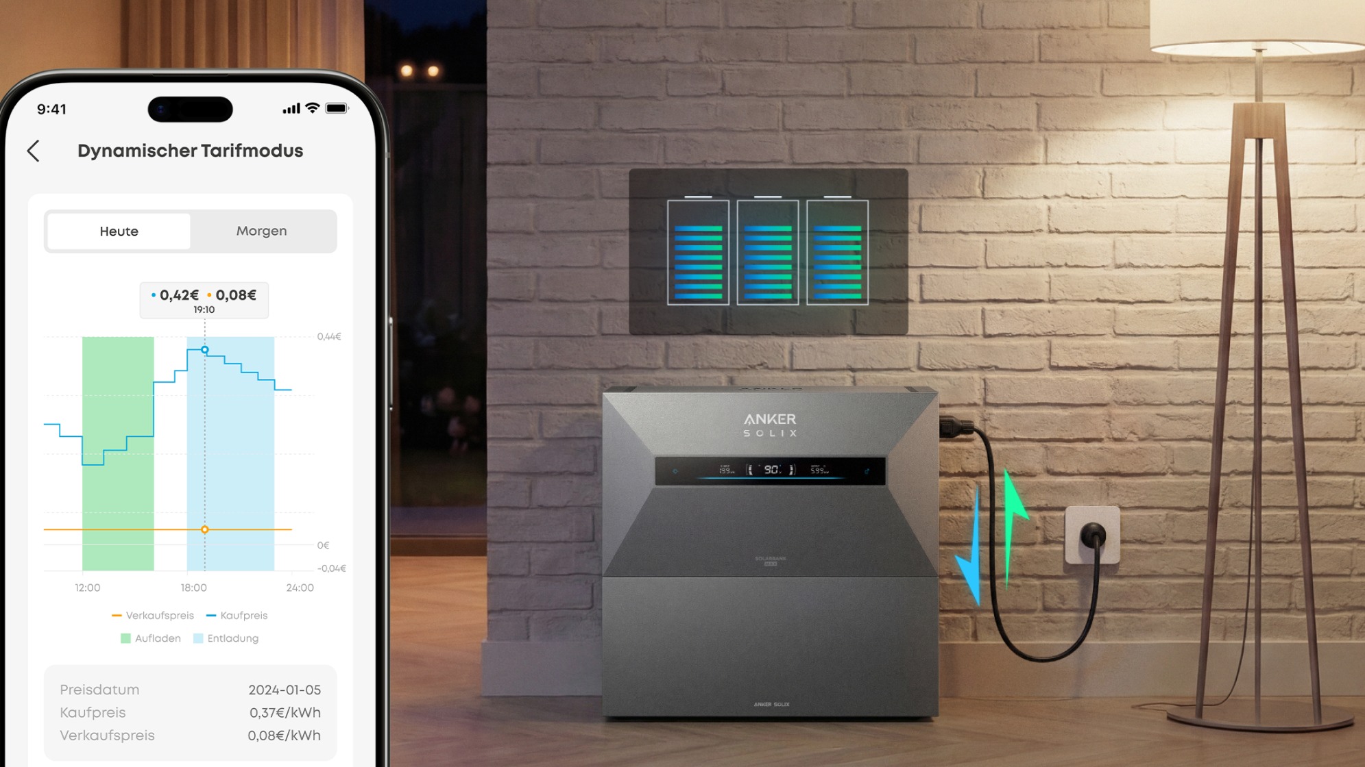Anker SOLIX Solarbank Max AC im Wohnraum an der Steckdose mit Lade- und Entladepfeilen, daneben ein Smartphone mit Beispieldarstellung der Anker SOLIX App: Dynamischer Tarifmodus mit Preiskurve