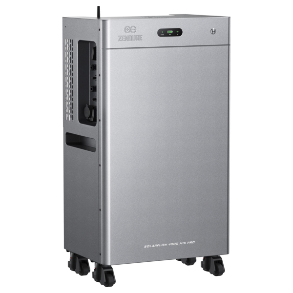 Zendure SolarFlow 4000 Mix Pro Stromspeicher in Silber, Schrägansicht mit Anschlussfeld und Rollen