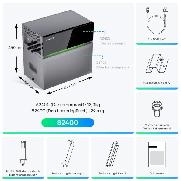 Sunpura S2400 Balkonkraftwerk Speicher Set 2000 Watt - 2.4 kWh - Doppelglas - JurSol Storage Mini