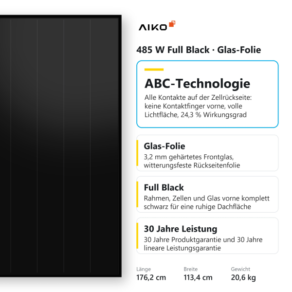 Aiko 485 W Komplett Schwarz Glas-Folie Solarmodul, Palette 37 Stück, technische Daten