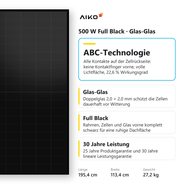 Aiko 500 W Glas-Glas All Black Solarmodul, Palette 37 Stück, technische Daten