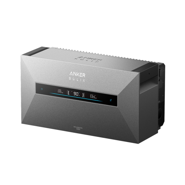 Anker SOLIX Solarbank Max AC, Grundgeraet mit 7 kWh Speicher, Dreiviertelansicht von vorn mit Display