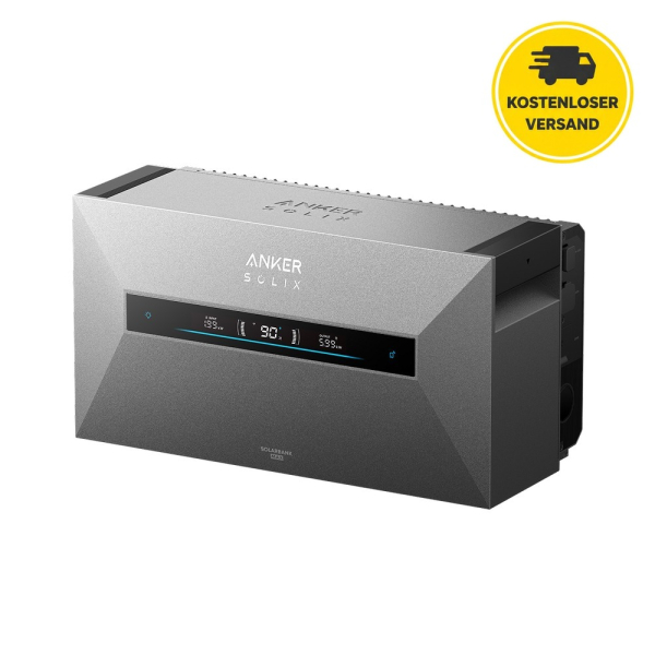Anker SOLIX Solarbank Max AC 7 kWh, Dreiviertelansicht mit Display, Hinweis kostenloser Versand