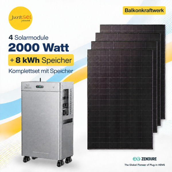 Zendure SolarFlow 4000 Mix Pro Balkonkraftwerk Komplettset mit 4 Solarmodulen, 2000 Watt und 8 kWh Speicher